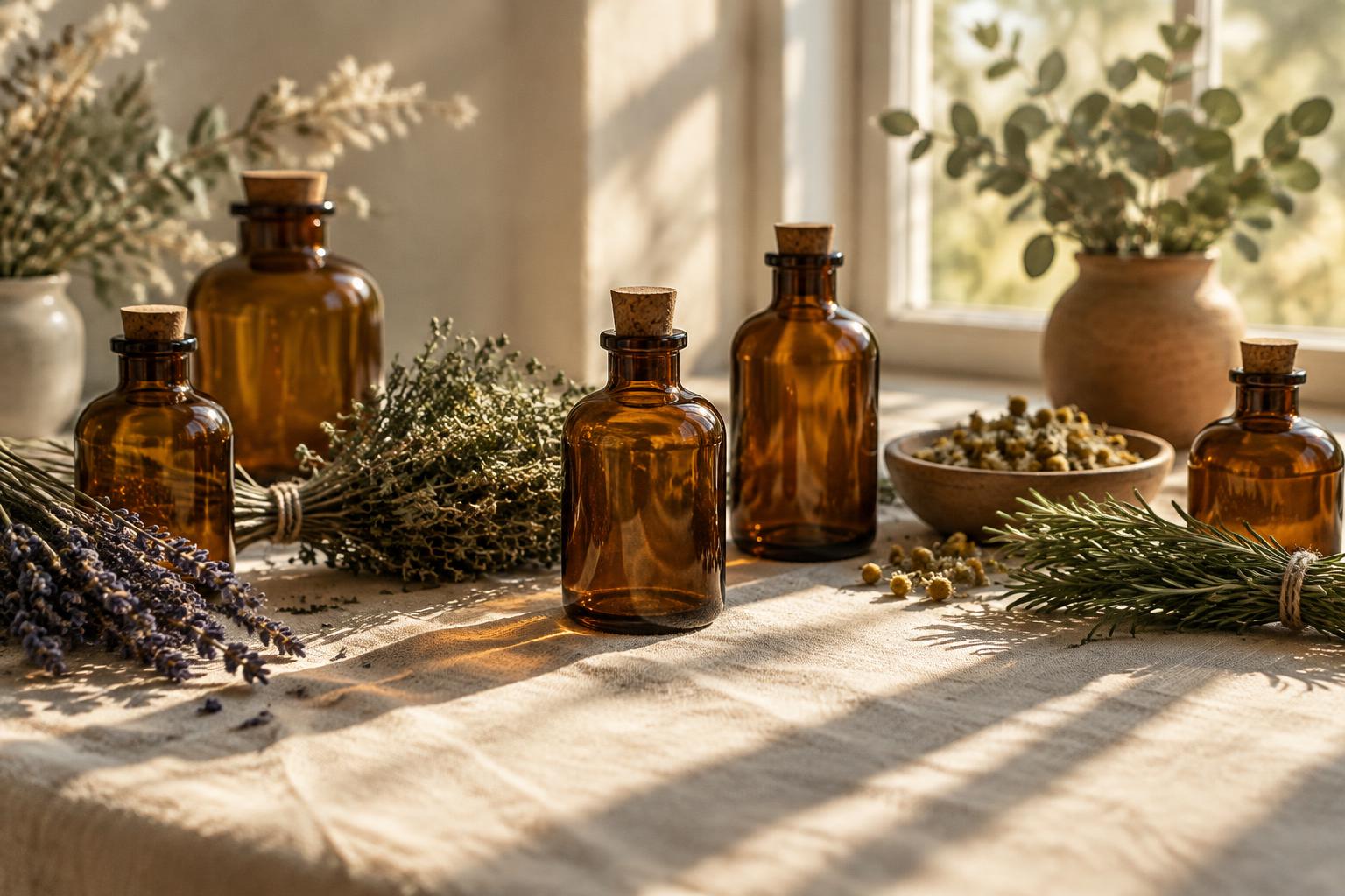 Amber bottles and bundles of dried herbs on linen by a bright window