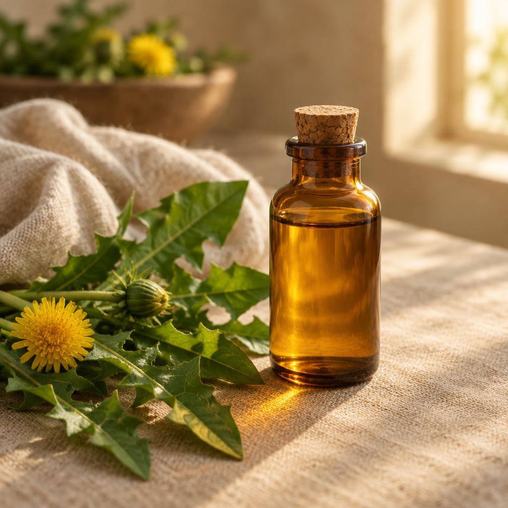 A corked amber bottle of oil beside dandelion leaves on linen