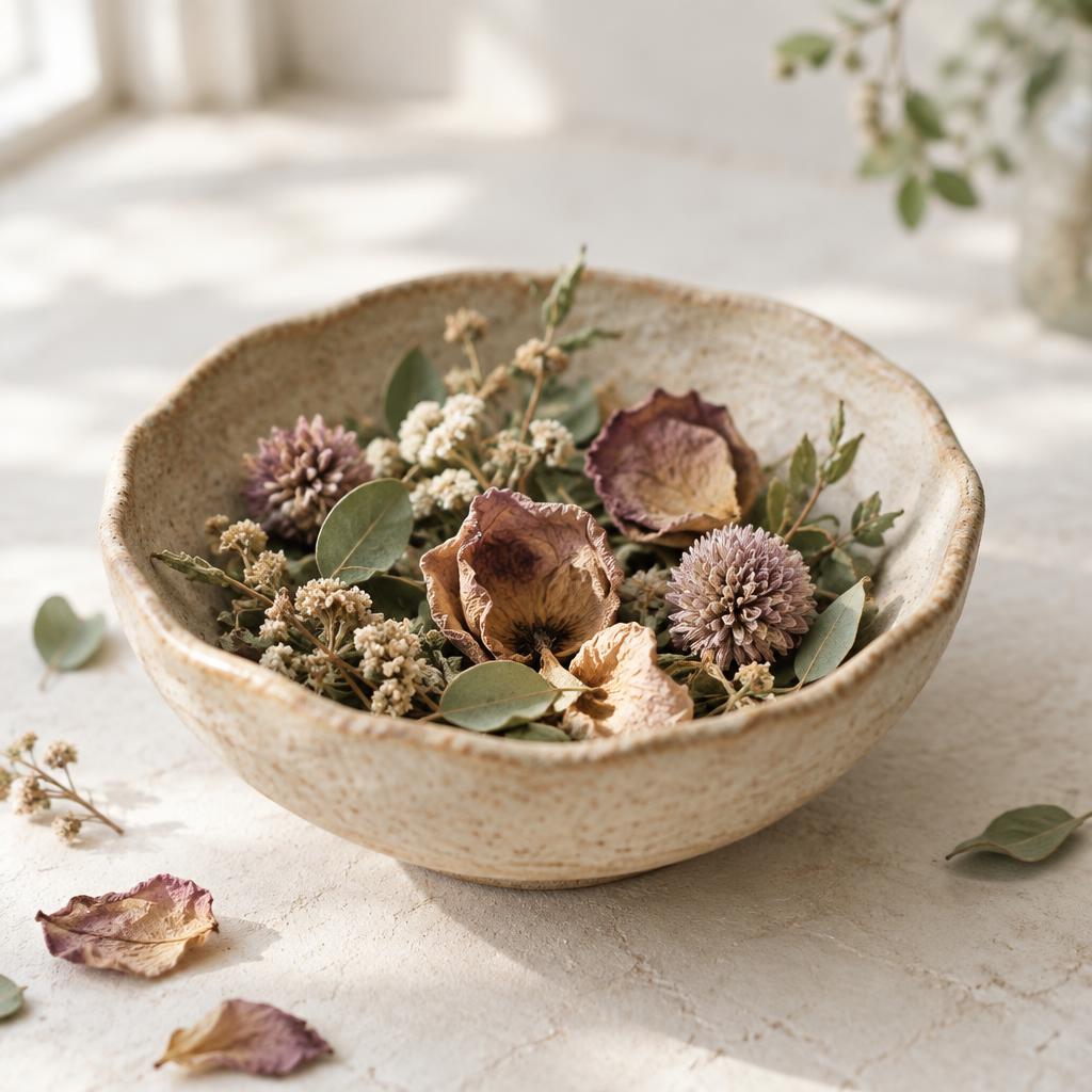 A handmade ceramic bowl of dried flowers and leaves on pale plaster