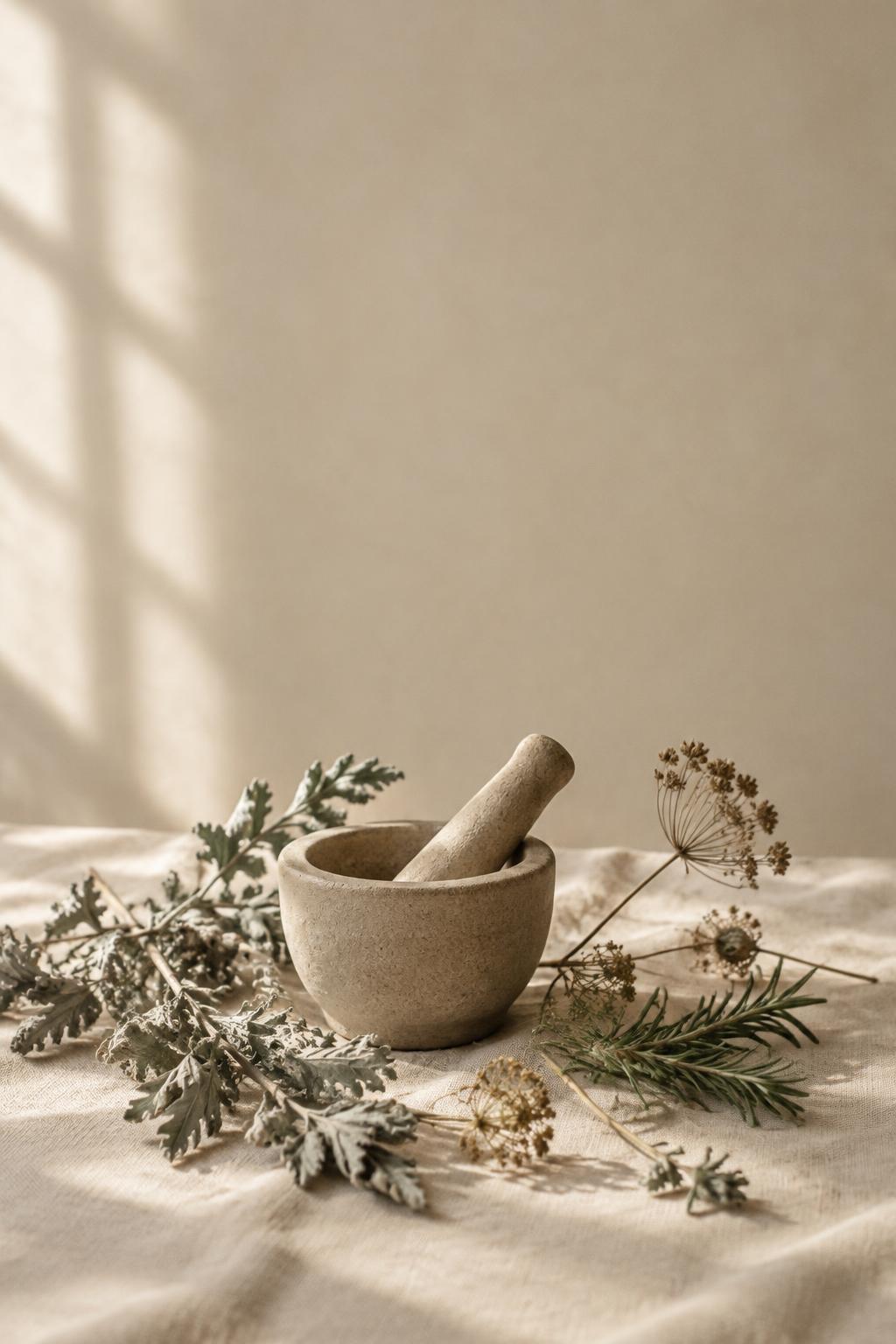 Dried herbs and a stone mortar on cream linen in soft window light